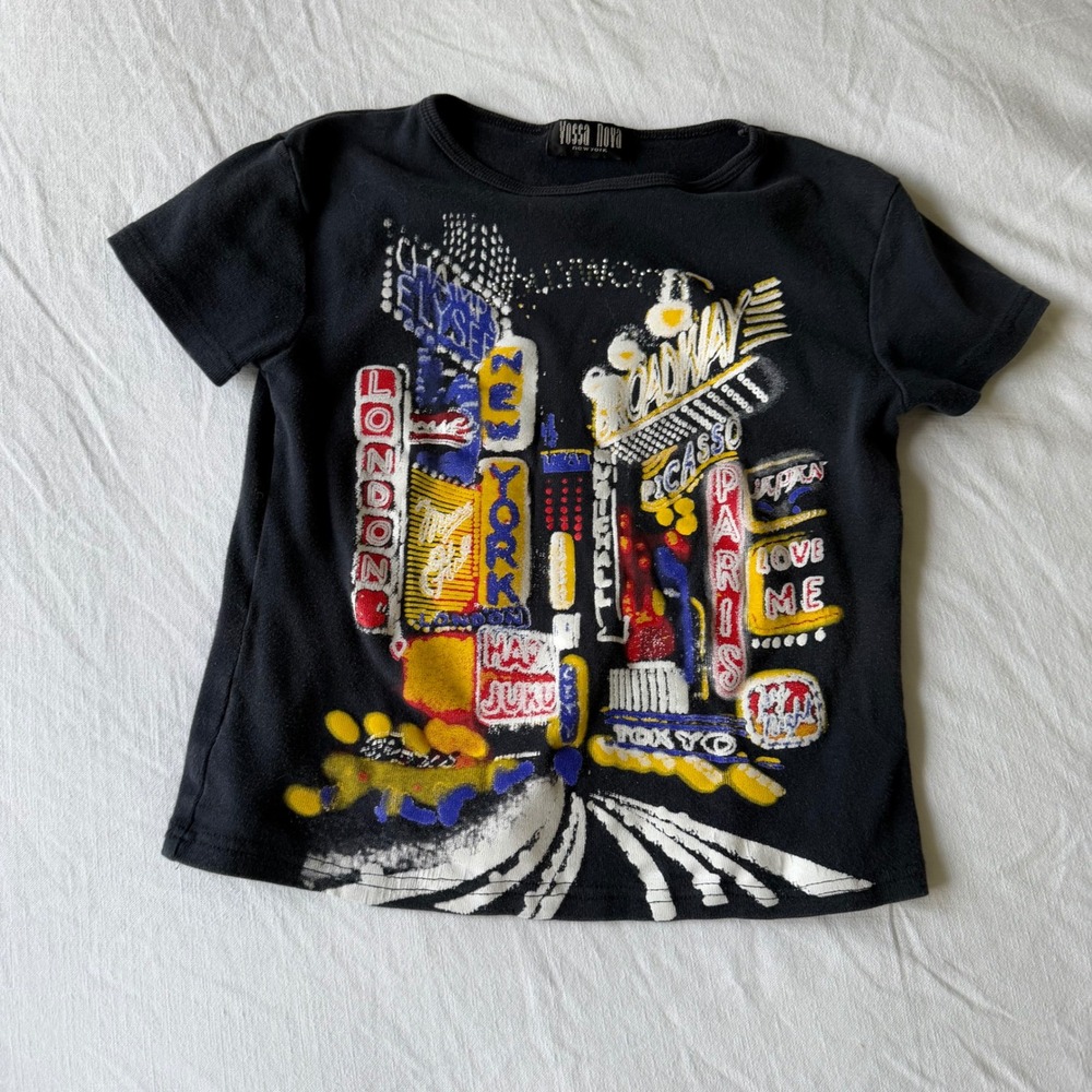 70's Vossa Nova New York City Lights Puff Print Rhinestone Baby Tee Black Small - Picture 4 of 6